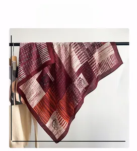 Silk-touch square scarf with rose and geometric pattern, 90cm x 90cm product dimension
