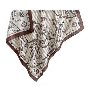 Elegant chain and stirrup print faux silk square scarf in brown and cream colors