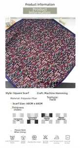 Detailed infographic of 68x68cm polyester scarf with colorful mosaic pattern and herringbone weave