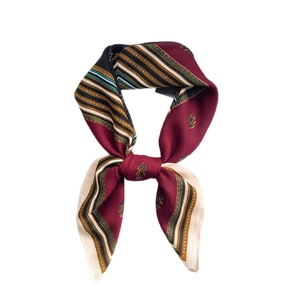 Elegant burgundy silk-like square scarf with retro gold feather prints and striped border
