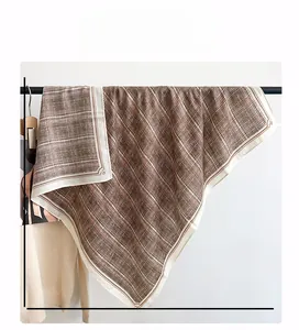 Detail view of British style retro plaid square scarf with 90cm x 90cm dimensions