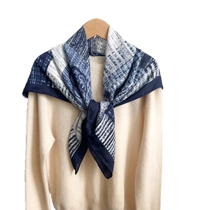 Blue and white abstract geometric pattern silk-like large square scarf for women