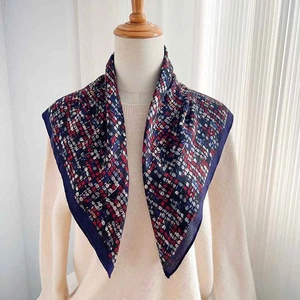 Women's Fashion Polyester Printed Square Scarf Navy Blue Herringbone Geometric Pattern Silk Feeling Shawl Wraps Headscarf Bandana Accessories