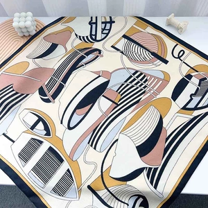 French style square silk scarf with blue stripes and abstract geometric nautical patterns