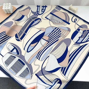 French style square silk scarf with navy blue sailing print and striped edge detail