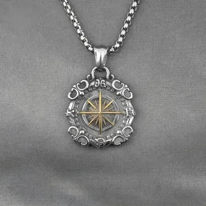 Vintage Titanium Steel Compass Star Pendant Necklace For Men Retro Distressed Octagonal Starburst Charm Pendant Jewelry Accessory