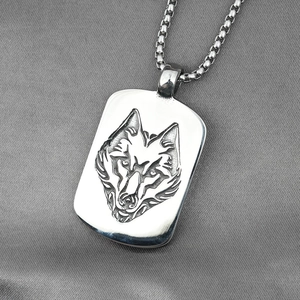 Vintage stainless steel wolf totem pendant necklace with rugged rectangular charm
