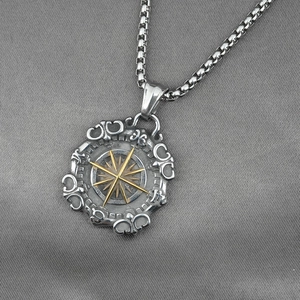 Retro stainless steel compass pendant necklace with gold star and silver box chain