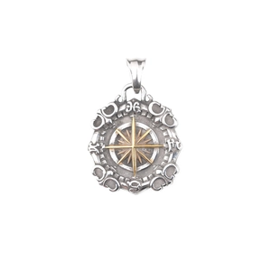 Vintage stainless steel compass star pendant with retro silver and gold finish detailing