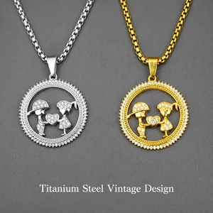 Titanium Steel Hollow Round Pendant Necklace For Couples Boy Girl Holding Heart Pave Rhinestone Fashion Jewelry Necklace