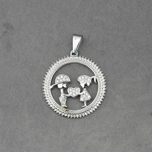 Sparkling diamond-encrusted boy and girl holding heart pendant on silver chain necklace