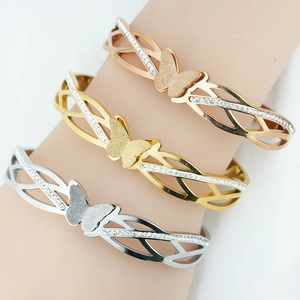 Women's Stainless Steel Butterfly Bangle Hollow Out Rhinestone Inlaid Frosted Finish Adjustable Fashion Jewelry Bracelet