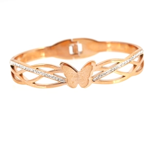 Elegant rose gold butterfly bracelet with frosted texture and sparkling diamond accents