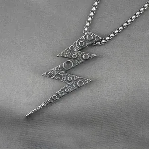 Vintage Titanium Steel Lightning Pendant Necklace Meteorite Crater Texture Distressed Punk Hip Hop Jewelry For Men Gift