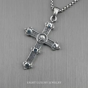 Vintage Gothic Skull Cross Pendant Necklace Titanium Steel Retro Oxidized Distressed Punk Style Jewelry For Men Boys