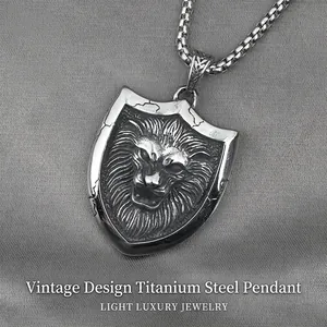 Retro Lion Head Shield Pendant Necklace For Men Titanium Steel Vintage Punk Hip Hop Jewelry Gift Stainless Steel Chain