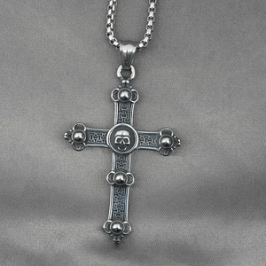 Vintage gothic skull cross pendant necklace in distressed stainless steel for men