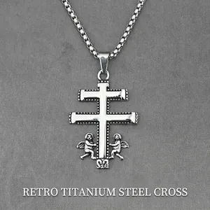 Collana con Ciondolo Croce di Lorena Angelo in Acciaio Inossidabile Vintage per Uomo Donna Gioielli Religiosi Gotici Retro Argento