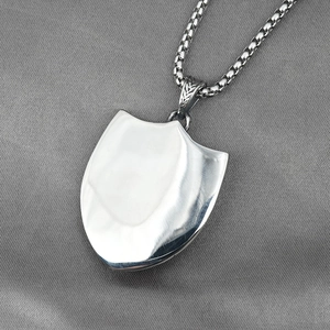 Vintage lion shield pendant in polished stainless steel with box chain for men