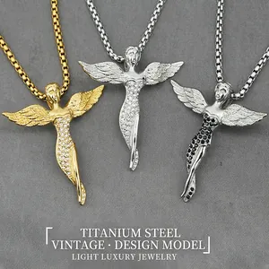 Titanstahl Flügel Engel Anhänger Halskette Für Damen Herren Strass Engel Halsketten Hip Hop Mode Schmuck