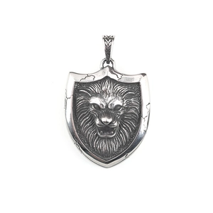 Vintage stainless steel lion head shield pendant with antique silver finish for men