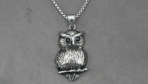 Macro shot of owl pendant with black gem eyes and vintage carved steel texture