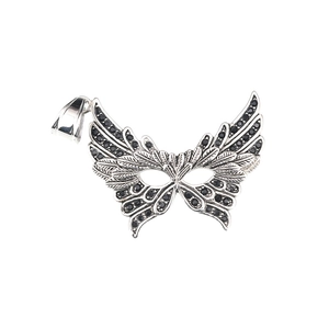 Sparkling butterfly wing mask pendant with black stones on silver chain necklace