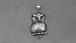 Detailed close-up of a vintage silver owl pendant with realistic feather texture and black eyes
