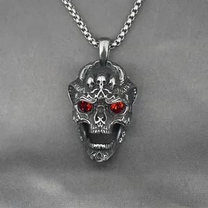 Gothic Vintage Stainless Steel Skull Pendant Necklace For Men Red Eyes Rhinestone Inlaid Punk Rock Hip Hop Jewelry Gift