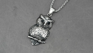 Macro shot of vintage owl pendant with clear feather textures and black gemstone eyes