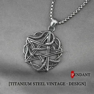 Vintage Gothic Titanium Steel Pentagram Snake Pendant Necklace Distressed Punk Rock Jewelry For Men
