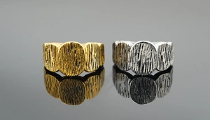 Detailed close-up showing the vertical bark texture on gold and silver titanium steel rings
