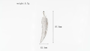 Detail showing a silver feather pendant dimensions 57.5mm height and 12.1mm width