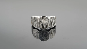Macro detail of retro silver wide ring with triple oval panels and vertical bark texture