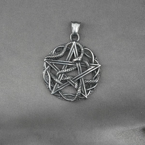 Vintage stainless steel pentagram and snake pendant with retro silver gothic finish