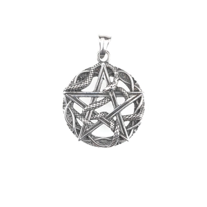 Vintage stainless steel pentagram snake necklace with antique silver finish for men