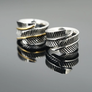 Bagues plumes rétro vintage en argent et or bicolores ajustables pour hommes