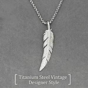 Vintage Titanium Steel Feather Pendant Necklace Retro Textured Silver Jewelry For Men Women Fashion Punk Style Daily Wear Accessory