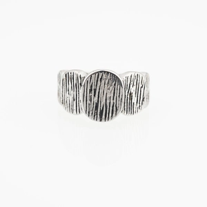 Retro silver titanium steel ring with triple vertical textured oval patterns for men