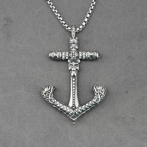 Punk anchor skull pendant necklace with zircon cross and 316L stainless steel box chain