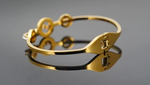 Vue macro d'un bracelet en acier inoxydable or rose avec fermoir à charnière et cristaux
