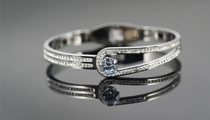 Macro shot of sparkling double-row diamond buckle bangle with a central round gemstone