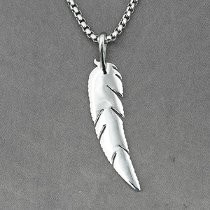 Silver minimalist feather pendant necklace with detailed textures and box chain
