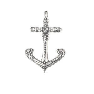 Vintage silver anchor pendant with cross skull and rhinestones on 316L steel