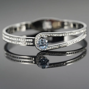 Stainless Steel Zirconia Round Main Stone Bangle Bracelet Elegant Double Row Rhinestone Fashion Jewelry For Women Wedding