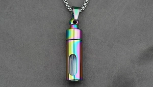 Rainbow stainless steel urn necklace with a transparent window and sturdy box chain