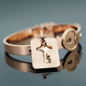 Rose Gold Heart Lock Bangle Key Pendant Necklace Jewelry Set Stainless Steel Rhinestone Romantic Gift For Women Couple Accessory