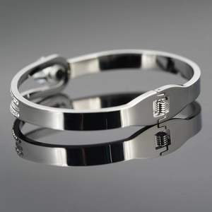 Sleek silver stainless steel belt buckle bracelet with double row diamond inlay highlights