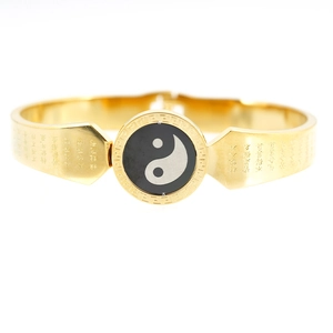 Golden titanium steel cuff bracelet with Tai Chi Yin Yang symbol and engraved scriptures