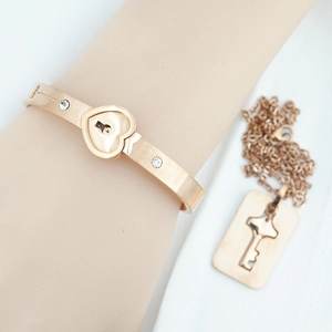 Elegant rose gold heart lock bangle and key pendant necklace set with clear rhinestones